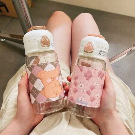 Kawaii Cartoon Glass Water Bottle with Straw 13oz (370ml)