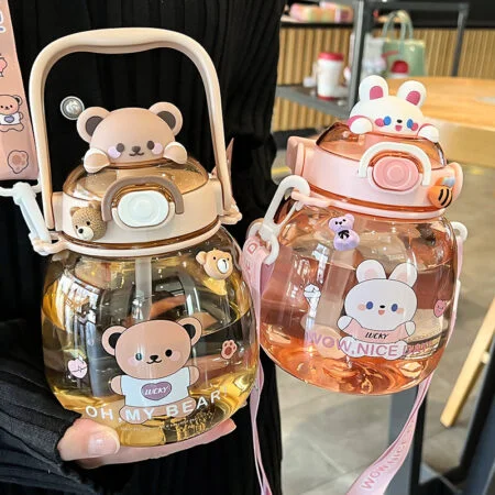 Kawaii Cartoon Bear Large Capacity Water Bottle with Stickers 44oz (1.3L)