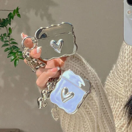 Kawaii Y2k Electroplated Silver 3D Heart AirPods Case with Love Keychain