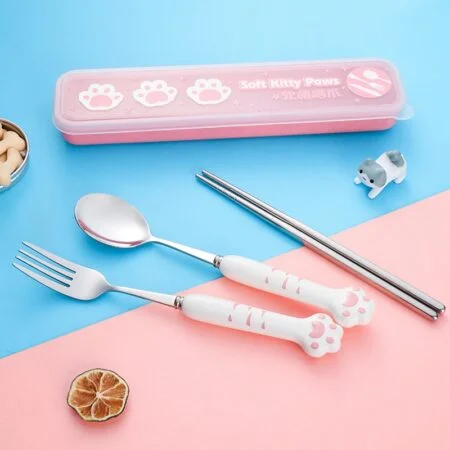 Kawaii Cat Paw Flatware Set with Portable Case 4Pcs