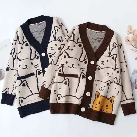 Kawaii Cat V Neck Knitted Cardigan