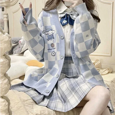 Kawaii Sanrio JK Style Checkerd Knit Sweater Cardigan