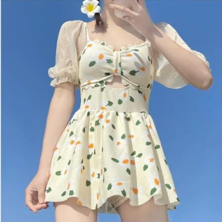 Cute Daisy Flower Puff Sleeve Swimsuit