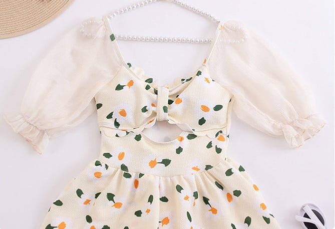 Cute Daisy Flower Puff Sleeve Swimsuit - LoliFairies Kawaii Shop